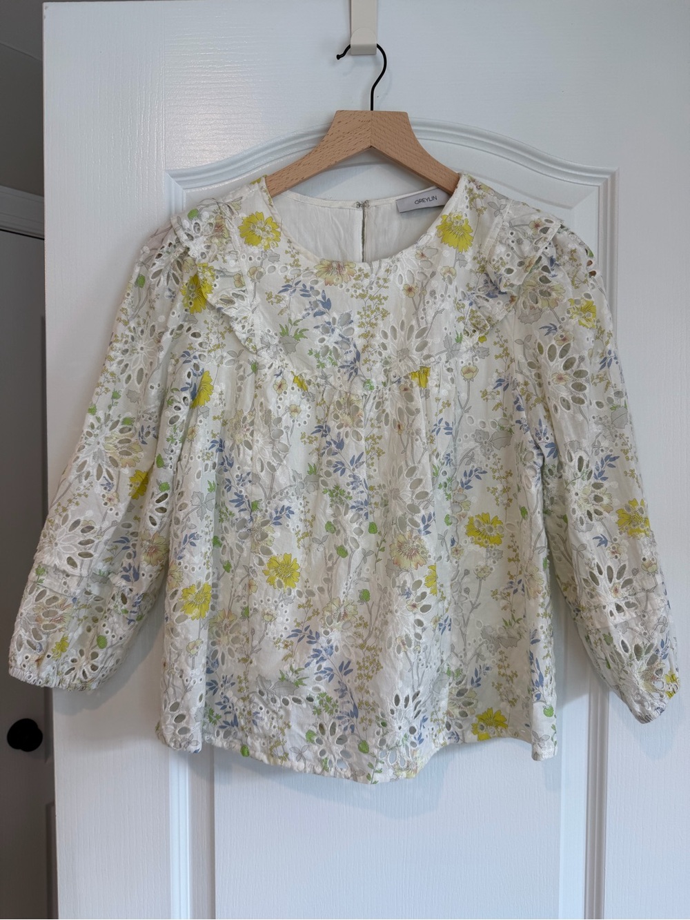 Greylin White Eyelet Floral Peasant Blouse with Yellow & Blue Accents